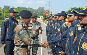 Lt General Rajeev Tewari, General Officer Commanding, Rising Star Corps interacting with members of mountain trekking expedition team on Tuesday.
