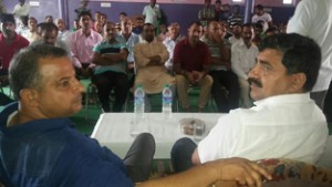 Jugal Kishore Sharma MP and Ex MLA Ashwani Sharma in a meeting at Bishnah on Tuesday.