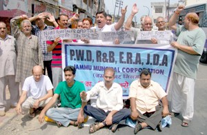 Activists of Jammu West Assembly Movement raising slogans in support of their demands on Tuesday.