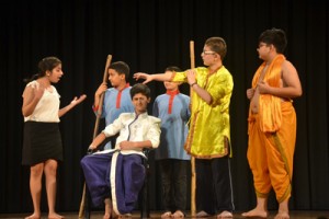 A scene from the play 'Remix' presented by Natrang at Matrika Auditorium, SMVD University, Katra.