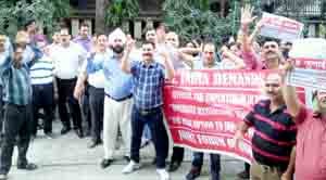 LIC employees staging demonstration outside DO Cell, Jammu on Wednesday.