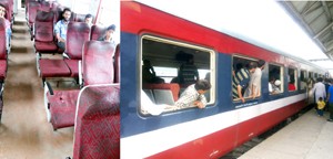 Damaged seats and window panes of a train in Valley.