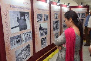 A viewer evincing interest in photo-panels displayed in the ongoing exhibition on life & works of Girdhari Lal Dogra at Zorawar Singh Auditorium, University of Jammu.