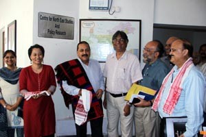 Union Minister Dr Jitendra Singh being received in traditional style  by Vice Chancellor Prof. Talat Ahmed and other faculty members on his arrival at the Centre for Northeast Studies in Jamia Millia Islamia University at New Delhi on Wednesday.