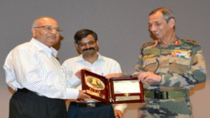 Lt Gen Hooda being presented a memento by SMVDU VC Prof Sudhir Jain during INSPIRE camp on Friday.