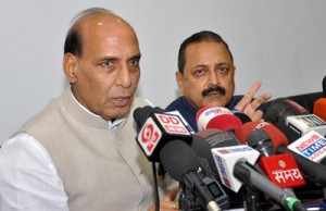 Union Home Minister Rajnath Singh along with Union Minister for DoNER Dr Jitendra Singh  addressing a press conference in Guwahati on Saturday. (UNI)