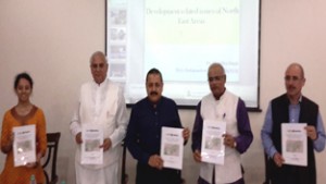 Union Minister Dr Jitendra Singh releasing a research book titled "Socio Economic Development Policies for Manipur and Nagaland" at New Delhi. Also seen in the picture are former Governor of Mizoram, A.R. Kohli, BJP National Vice President Vinay Sahasrabuddhe, National TV spokesperson Nalin Kohli and author of the book Dnyanada Palkar.