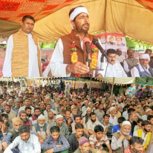 PCC chief GA Mir addressing party convention at Lolab in Kupwara on Tuesday.