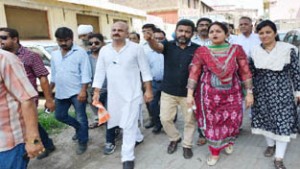 MoS Priya Sethi flanked by Yudhvir Sethi during visit to Ward No. 19 on Tuesday.