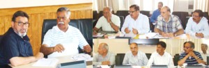 Minister for R&B, Syed Mohammad Altaf Bukhari and Minister for PHE, Sukhnandan Kumar chairing a meeting on Tuesday. 