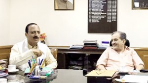 Minister for Rural Development, Abdul Haq in a meeting with Union Minister, Choudhary Barinder Singh at New Delhi on Thursday.