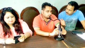 Organizers of Dogri Musical Programme 'Geet Dhaaren De' addressing media persons on Friday.