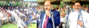 Former ministers Abdul Gani Vakil and Gulchain Singh Charak addressing workers in Baramulla on Monday.