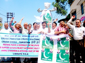 Activists of Jammu West Assembly Movement raising anti-Pak slogans on Monday.