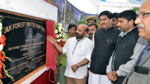 Forest Minister Bali Bhagat laying foundation stone of FPF office complex on Friday.