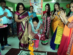 Chief guest and other dignitaries lighting traditional lamp while inaugurating Exhibition at Kids Planet School Akhoor      