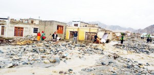 Devastation caused by flash floods in Tashi Gatsal area of Choglamsar in Leh on Tuesday.— Excelsior/Stanzin