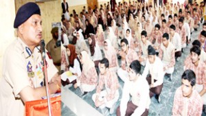 DGP, K Rajendra Kumar interacting with students at Police Public School, Bemina on Wednesday.