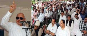 NC president Dr Farooq Abdullah addressing a public meeting at Surankote on Saturday.