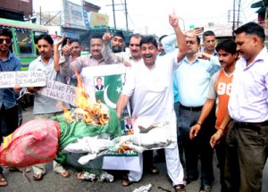 Activists of Jammu West Assembly Movement raising anti-Pak slogans and burning flags during protest demonstration on Monday.