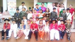 Students of GD Goenka Public School posing for a group photograph after presenting songs and skit on Tuesday.