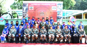 Lt Gen Subrata Saha, General Officer Commanding Chinar Corps with touring girls during flag off ceremony. 