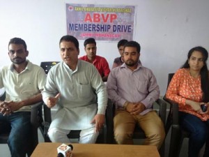 ABVP leaders addressing a press conference at Jammu on Tuesday.