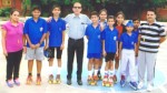 Skaters posing for a group photograph alongwith Principal, Amarendra Kumar Mishra at KC Public School in Jammu on Friday.