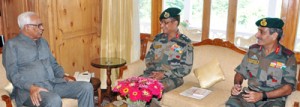 Governor N N Vohra in a meeting with Lt Gen Subrata Saha, and Lt Gen S K Dua at Srinagar.