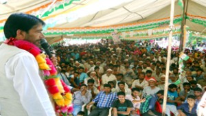 PCC chief G.A Mir addressing a public meeting at Sangrama in Baramulla district on Sunday. 