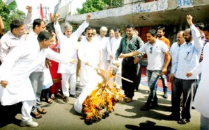 Activists and senior leaders of JKNPP burning effigy of BJP during a protest outside Press Club, Jammu on Tuesday. -Excelsior/Rakesh