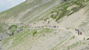 Amarnath pilgrims on way to holy cave on Friday. -Excelsior/ Sajad Dar