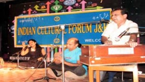 Artists presenting musical item during a programme by Indian Cultural Forum at Jammu on Saturday.