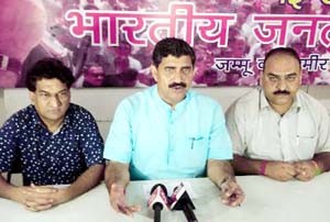 BJP State President, Jugal Kishore Sharma addressing press conference at Jammu on Saturday.  -Excelsior/Rakesh