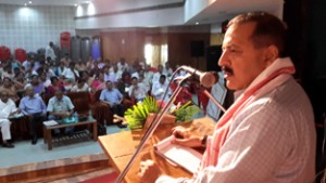  Union Minister Dr Jitendra Singh addressing the BJP workers after launching the party's Raksha Bandhan Insurance campaign at Guwahati on Sunday.