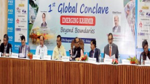 DyCM, Dr Nirmal Singh chairing Ist Global Conclave at Srinagar on Thursday.