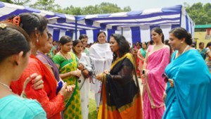 Sheela Nimbhorkar, chairperson, FWO, White Knight Corps interacting with wives of soldiers and officers of Cross Swords Division on Monday.