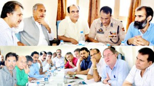 Minister for Hajj and Auqaf, Abdul Rehman Veeri chairing a meeting at Srinagar on Wednesday.