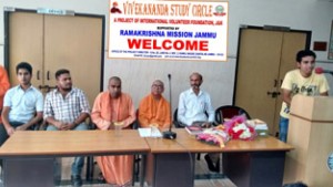 Dignitaries during the inaugural function of 5-day lecture series on ‘Value Education’ at seminar hall of Ramakrishna Mission, Udaywala in Jammu.