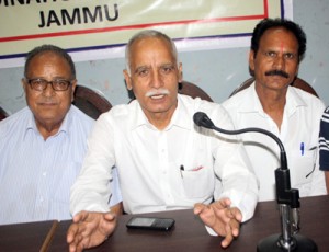 Daljit Singh Charak, president, All J&K Charak Biradari and other members addressing press conference on Wednesday.— Excelsior/Rakesh