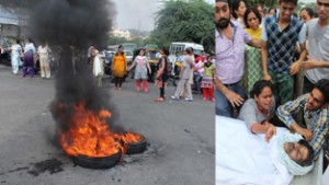 People disrupting vehicular traffic by making human chain (left) and family members wailing over the dead body (right) at Bakshi Nagar Chowk in Jammu. -Excelsior/Rakesh