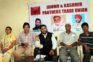 PTU leaders addressing a press conference at Jammu on Sunday.