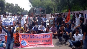 ABVP activists staging protest dharna in front of JU on Wednesday.