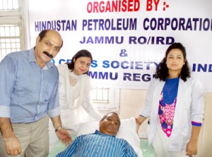 Manish Tandon, Chief Regional Manager, HPCL, Jammu, donation blood during a camp at Jammu.