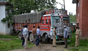 A truck loaded with rice seized in Anantnag on Saturday.  —Excelsior/Sajad Dar