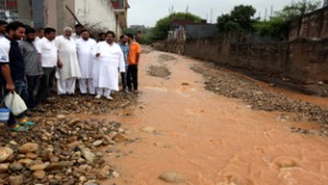 Former Minister Raman Bhalla during visit to Sunjwan area on Thursday. 