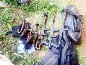 Arms and ammunition recovered at Narwal Bala in Trikuta Nagar, Jammu on Saturday.