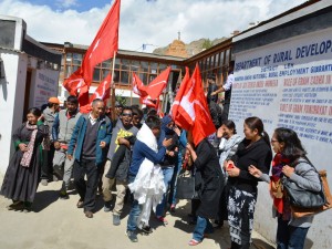 NC supporters in jubilant mood after filing nomination papers in Leh on Tuesday. -Excelsior/Stenzin