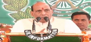 Union Home Minister Rajnath Singh addressing ITBP troops at Ghagwal, Samba on Monday.