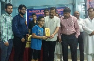 Former MLA, Balwant Singh Mankotia felicitating winner during concluding ceremony of 2nd District Open Table Tennis Championship.